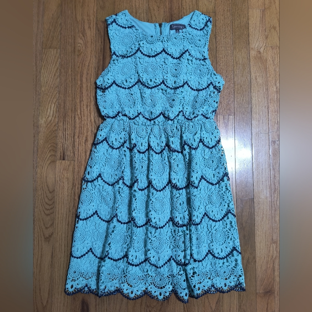 3/$10⭐ Luxology Fit And Flare Dress, Lace Overlay, Women's 6, Turquoise/Navy